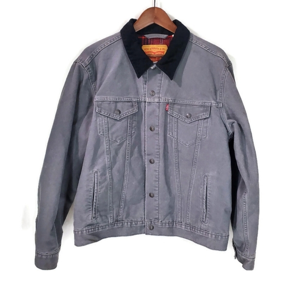 Levi's Flannel Lined Trucker Jacket Canvas Gray Corduroy Collar Work Jacket